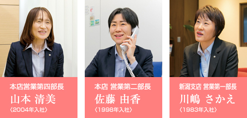 十日町支店長
山本 清美
〈2004年入社〉
本店 営業支援部長
佐藤 由香
〈1998年入社〉
新潟支店 営業第一部長
川嶋 さかえ
〈1983年入社〉